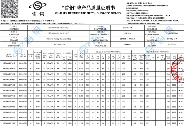 certificado de material de cubierta de acero